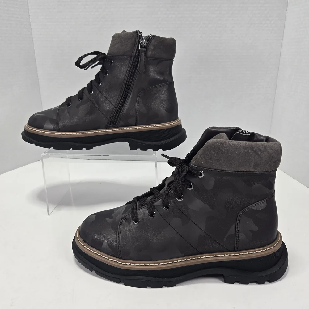 Linea Paolo Women's Boca Dark Brown Camo Combat Leather Ankle Boots Size 8.5